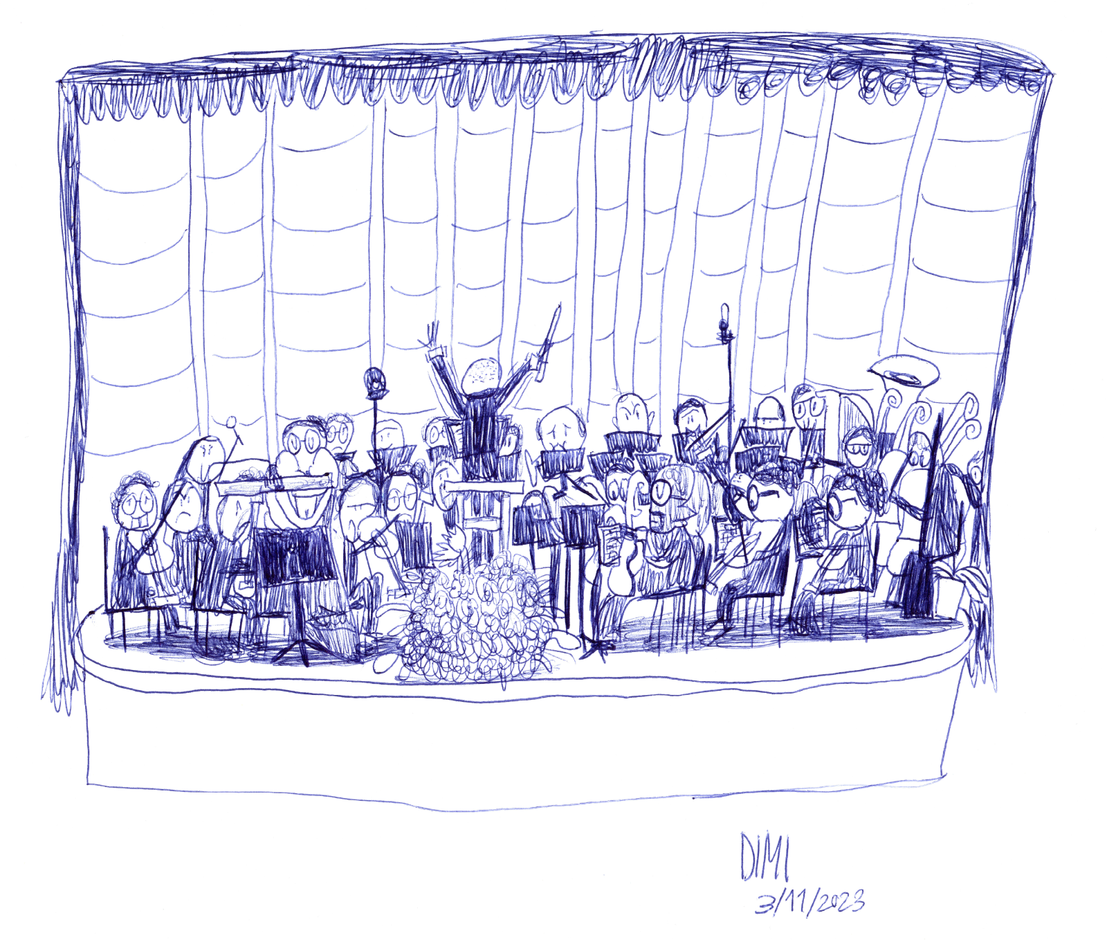 Ink pen drawing of an orchestra performing music